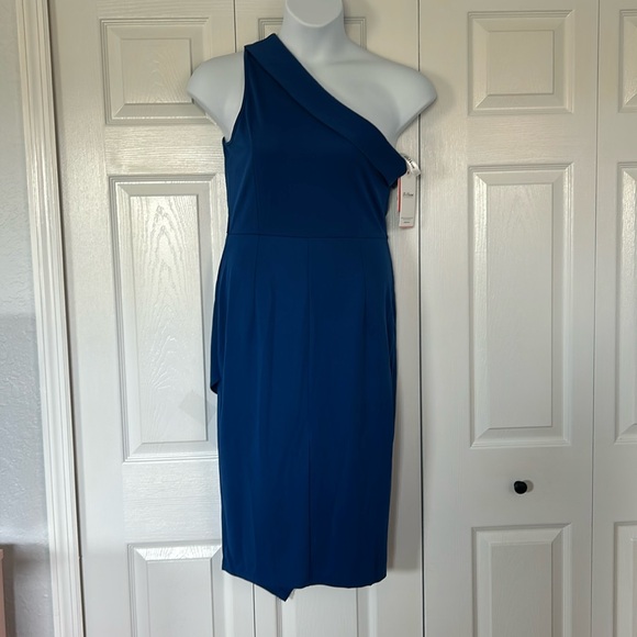 JJs House Pleated One Shoulder Sheath/Column Asymmetrical Cocktail Dress Blue - Picture 3 of 16